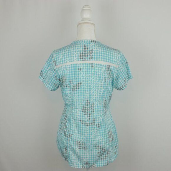 Exofficio Women's Medium Blue White Plaid V-Neck Short Sleeve Button Up Shirt - Picture 3 of 7